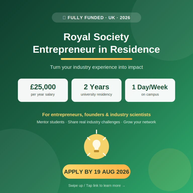 Royal Society Entrepreneur in Residence Program 2026 in UK (Fully Funded)